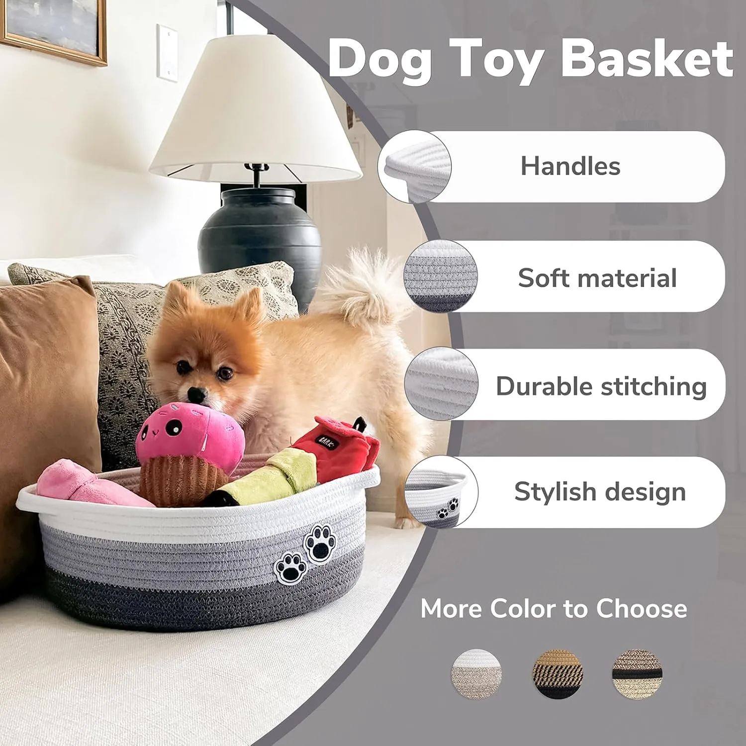 Small Dog Toy Basket, Cute Woven Baskets for Shelves, Decorative Rope Storage Baskets for Nursery, Baby Gift Basket for Diapers, 12 x 8 x 5 inches