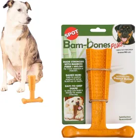 SPOT Bam-Bones Plus T Bone - Bamboo Fiber & Nylon, Durable Long Lasting Dog Chew for Aggressive Chewers  Toy for Dogs & Puppies Under 90lbs, Non-Splintering, 7in, Allergen Free Peanut Butter Flavor
