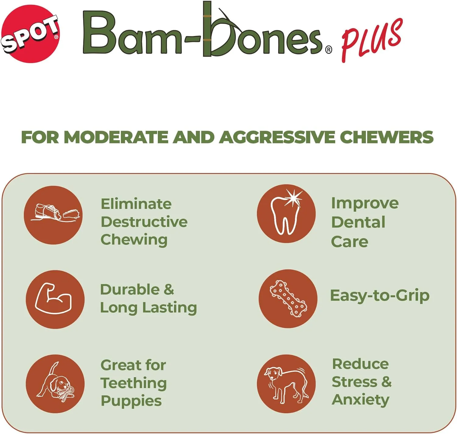 SPOT Bam-Bones Plus T Bone - Bamboo Fiber & Nylon, Durable Long Lasting Dog Chew for Aggressive Chewers  Toy for Dogs & Puppies Under 90lbs, Non-Splintering, 7in, Allergen Free Peanut Butter Flavor