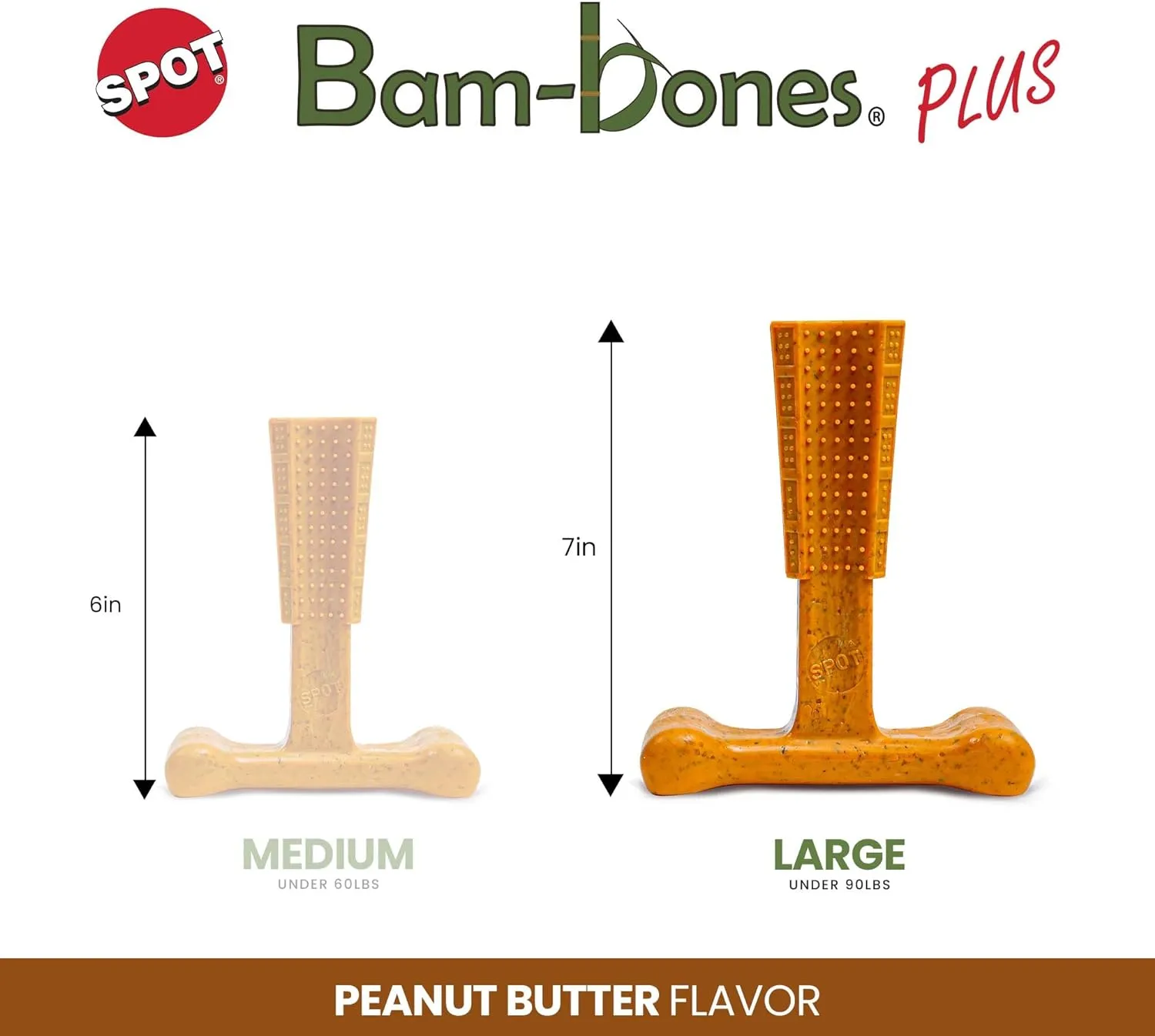 SPOT Bam-Bones Plus T Bone - Bamboo Fiber & Nylon, Durable Long Lasting Dog Chew for Aggressive Chewers  Toy for Dogs & Puppies Under 90lbs, Non-Splintering, 7in, Allergen Free Peanut Butter Flavor