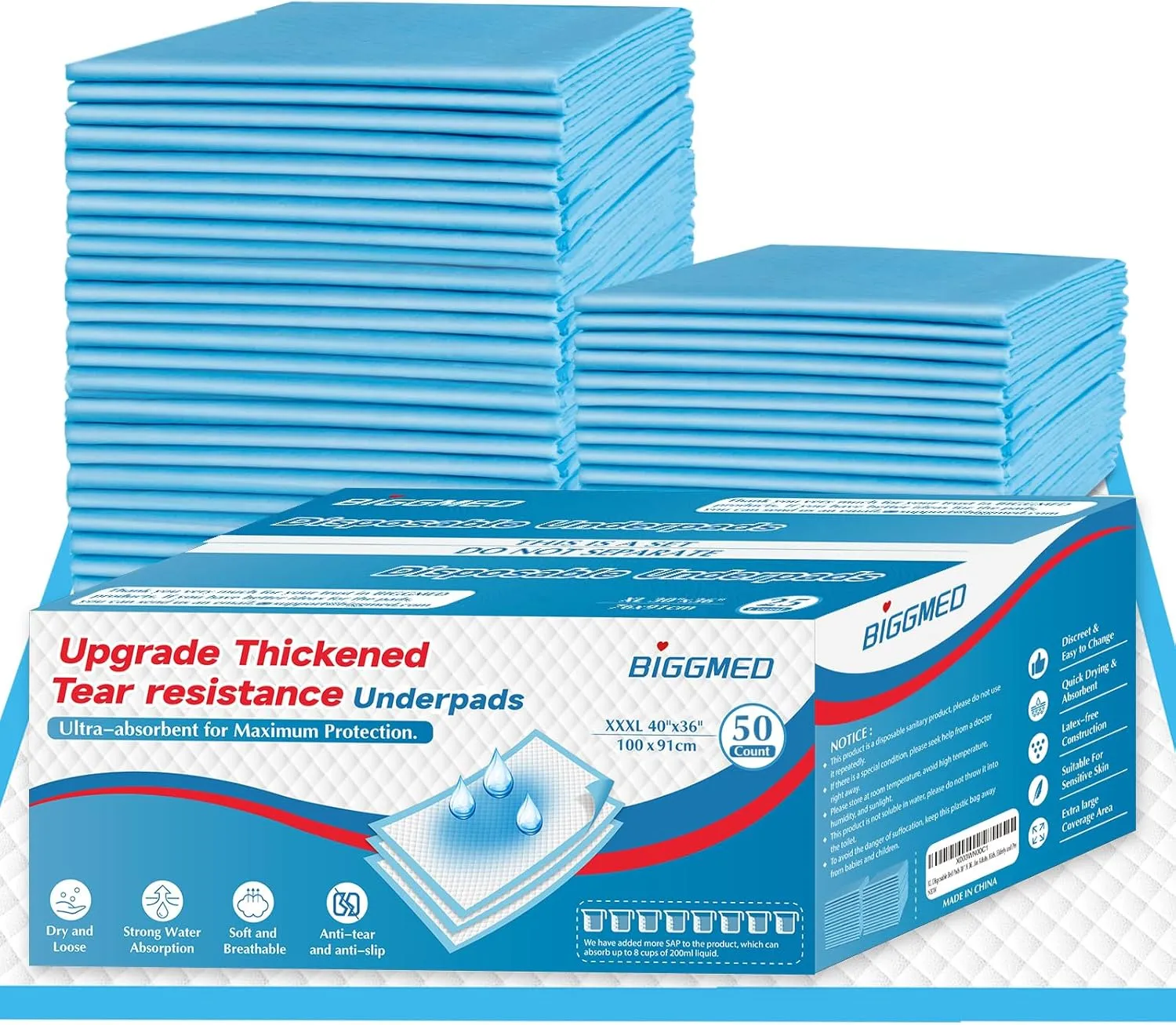 Tear-Resistant Incontinence Bed Pads 40'' x 36'' (50 Count ) with 130 Gram Heavy Duty Disposable Underpads Chucks Pads for Adults, Kids & Elderly | Protection Pads for Bed, Sofa, and Chair