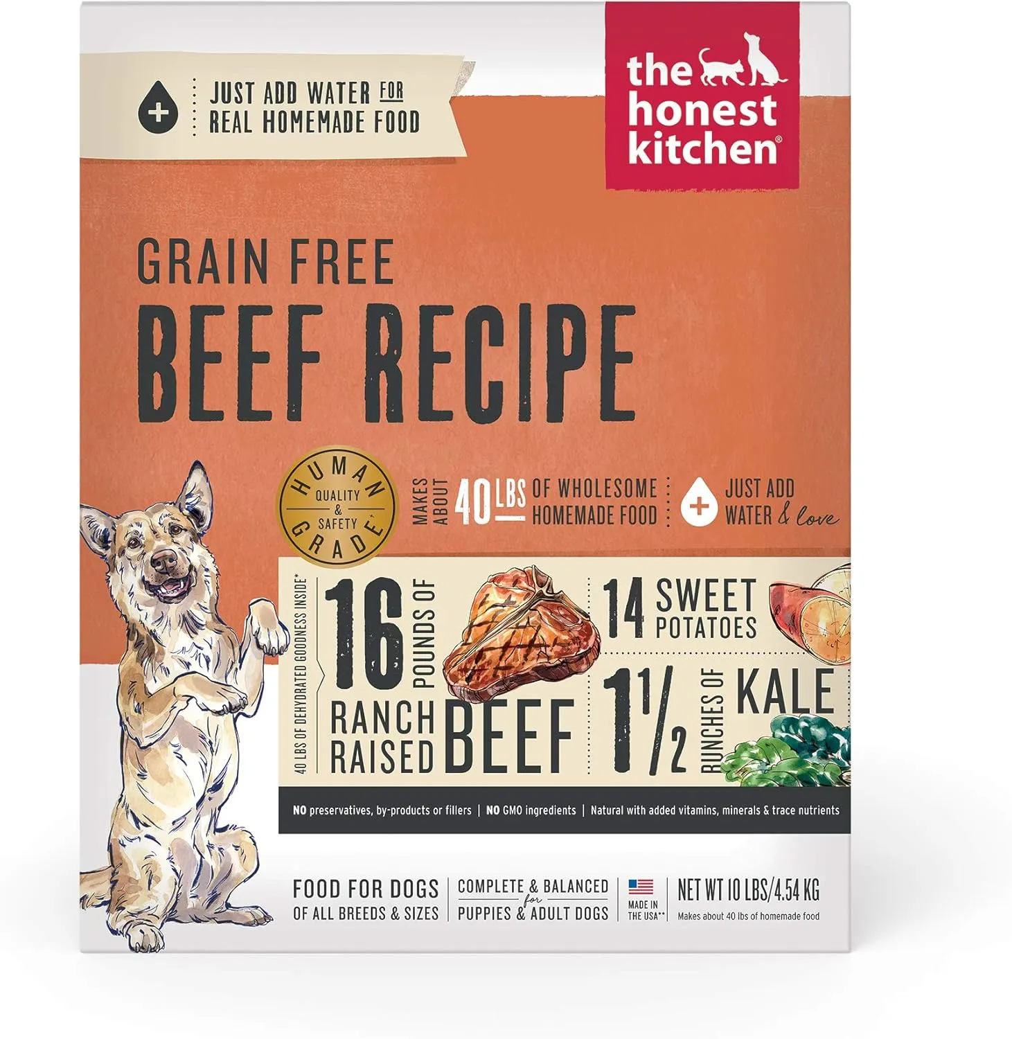 The Honest Kitchen Human Grade Dehydrated Grain Free Dog Food  Complete Meal or Dog Food Topper  Beef 10 lb (makes 40 lbs)