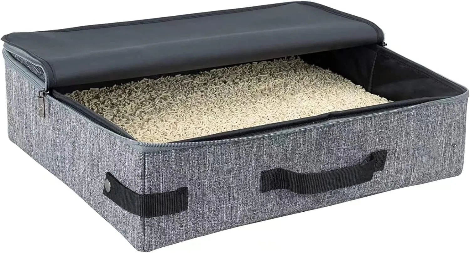Travel Cat Litter Box with Lid and Handle Portable - Foldable Waterproof Travel Litter Box for Cats, Soft Standard Portable Collapsible Litter Carrier (with Lid, Grey)