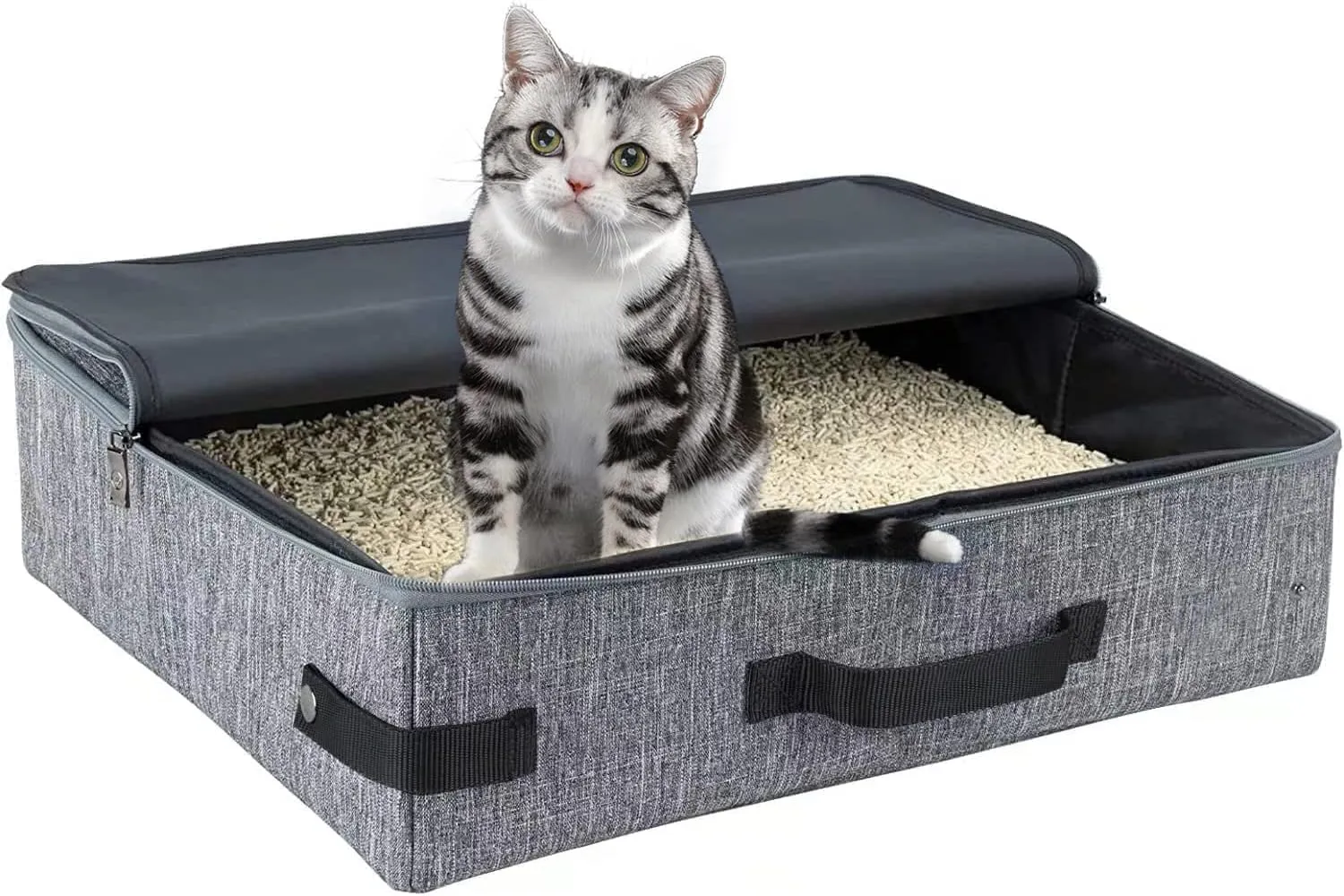 Travel Cat Litter Box with Lid and Handle Portable - Foldable Waterproof Travel Litter Box for Cats, Soft Standard Portable Collapsible Litter Carrier (with Lid, Grey)