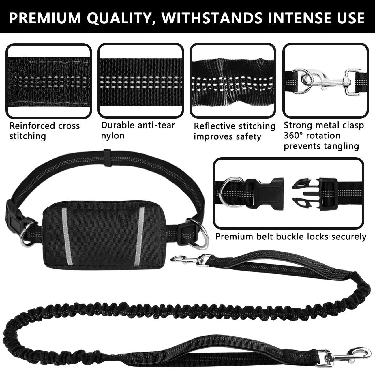 Upliftjoys Dog Leash, 5.5 Ft Hands Free Dog Leash with Zipper Pouch, Dual Padded Handles Waist Leashes for Dogs Walking, Retractable Adjustable Shock Absorbing Bungee Leashs for All Dogs (A,Single)