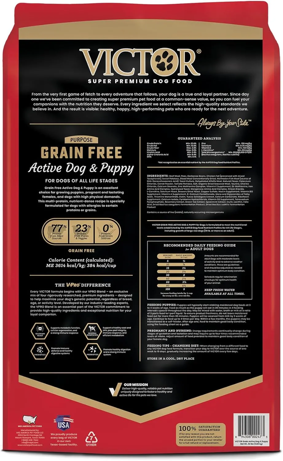 VICTOR Super Premium Dog Food  High Protein Grain Free Active Dog & Puppy Kibble  Dry Food with 33% Protein, Gluten-Free - Premium Beef, Pork, Fish Meals for High Energy Dogs, 30lbs