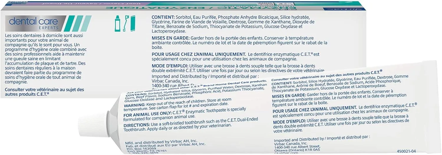 Virbac C.E.T. Enzymatic Toothpaste Eliminates Bad Breath by Removing Plaque and Tartar Buildup Best Pet Dental Care Toothpaste Beef Flavor 2.5 Oz Tube (Color Varies)