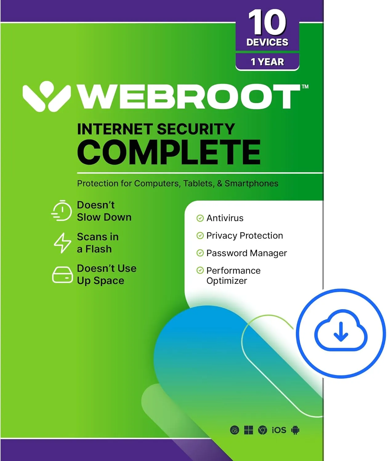 Webroot Internet Security Complete | Antivirus Software 2025 | 10 Device | 1 Year Download for PC/Mac/Chromebook/Android/IOS   Password Manager, Performance Optimizer