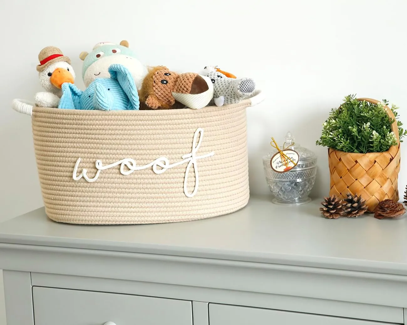 Woof Woven Rope Storage Baskets, Pet Dog Toy Bin Box Perfect for organizing Chew Toys Blankets leashes, Dog Toy holder Cotton Basket Puppy Bins