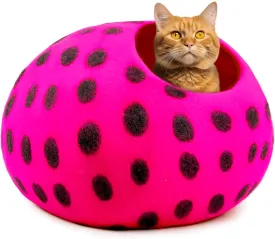 Woolygon Premium Felt Cat Cave Bed - Polka Dot Series - Wool Kitty Beds Handcrafted Kitten Caves Bed for Indoor Cats - Eco-Friendly Merino Wool, Foldable Cat Hideaway Cat Houses (Pink/Black Dots)